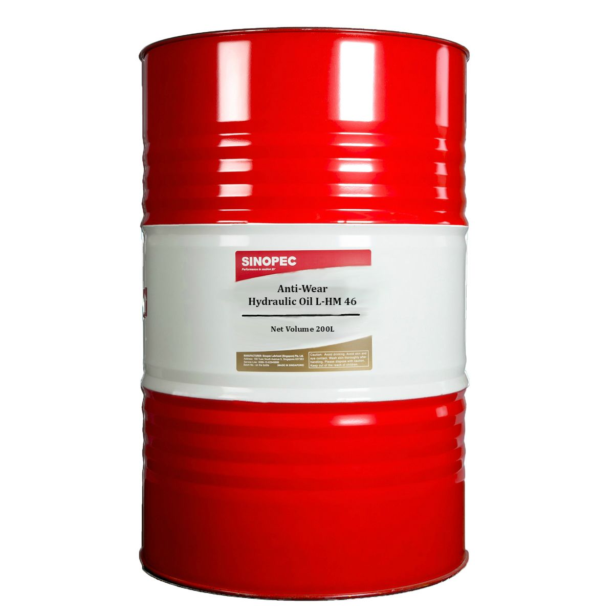 A red metal drum with a white label - HYDRAULIC OIL ANTI WEAR LHM 46 200L