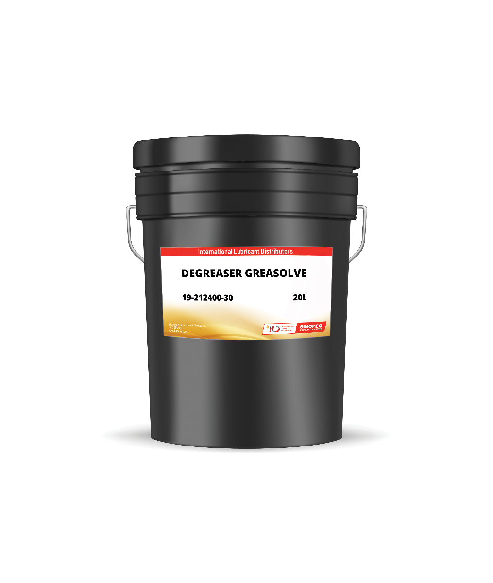 A 20L black pail with a label that reads 'DEGREASER GREASOLVE'.