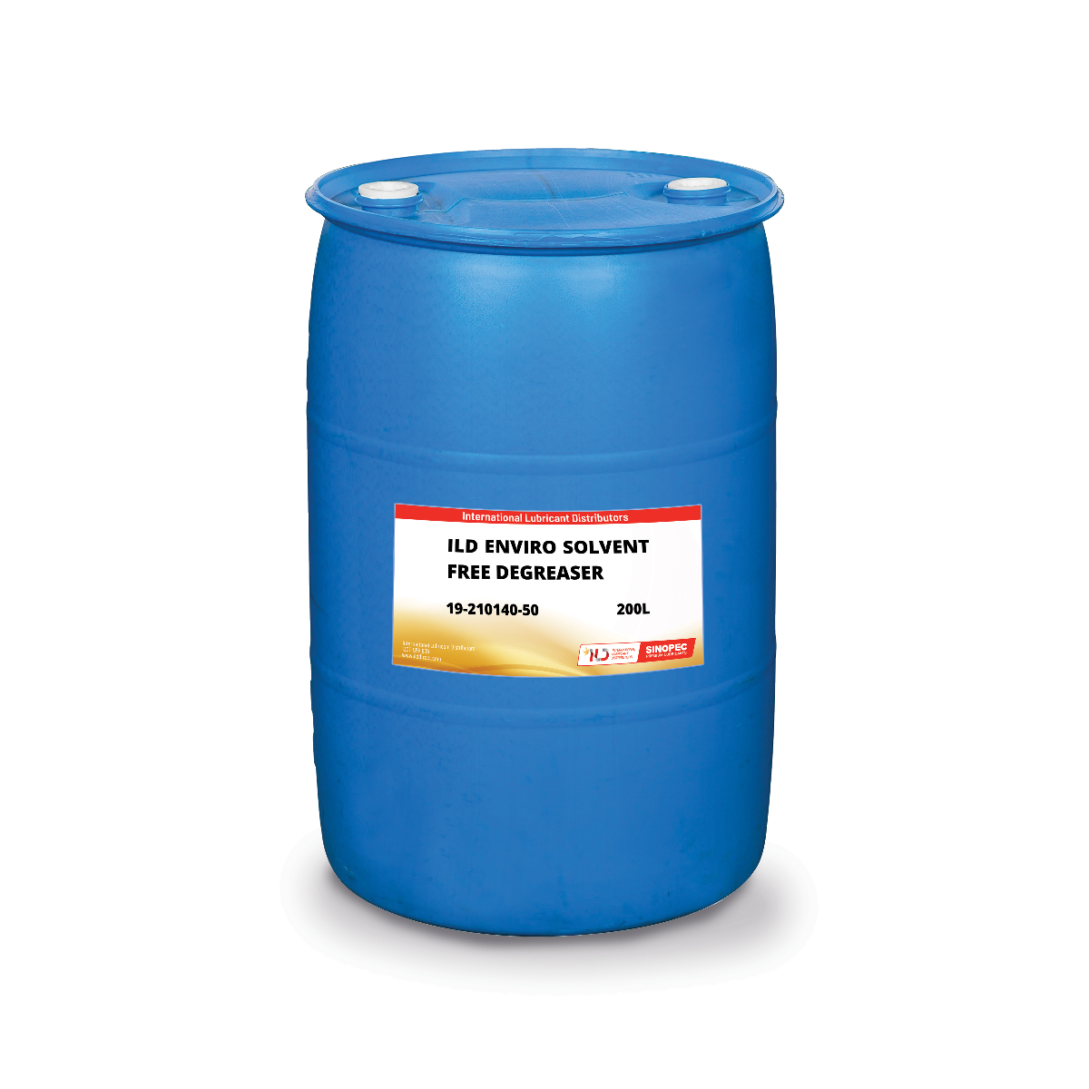 A blue 200L drum of ILD Enviro Solvent Free Degreaser with a label on the front.