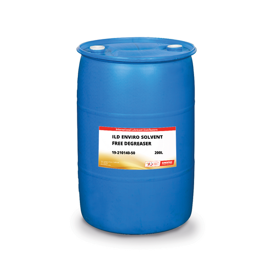 A blue 200L drum of ILD Enviro Solvent Free Degreaser with a label on the front.