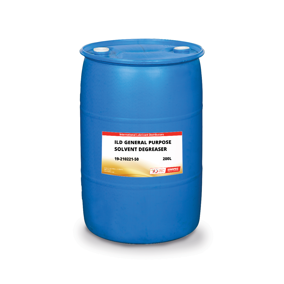 A blue plastic drum labeled ILD General Purpose Solvent Degreaser 200L.