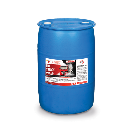 A blue 200L drum of ILD Truck Wash, a heavy-duty vehicle cleaning product.