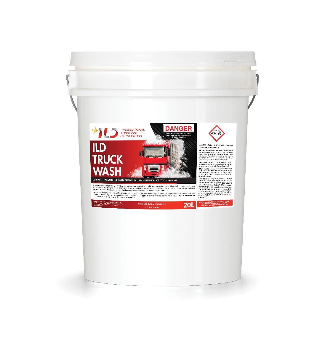 A white bucket of ILD TRUCKWASH 20L with product details and branding on the label.