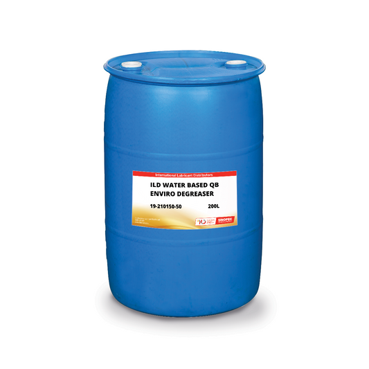 Blue drum labeled 'ILD Water Based QB Enviro Degreaser 200L' intended for use in various industrial sectors.