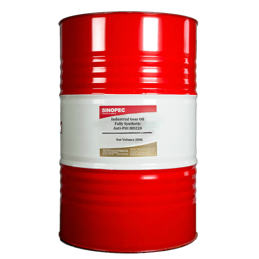 A red 200-liter drum of Sinopec INDUSTRIAL GEAR OIL FULLY SYNTHETIC ANTI-PITT HD220 200L