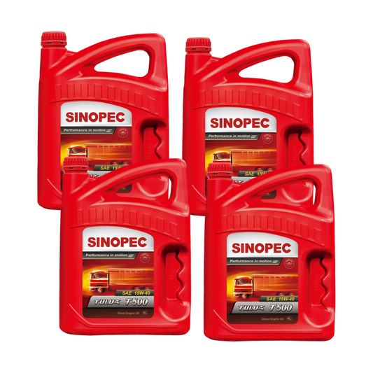 Four red plastic containers of Sinopec Tulux T500 diesel engine oil.