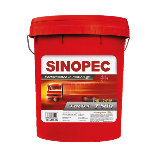 A red bucket of Sinopec Diesel Engine Oil with the label Tulux T500 CI4 15W40.