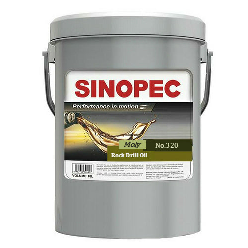 A gray metal container with a label showing the Sinopec ROCK DRILL OIL MOLY NO.320 20L