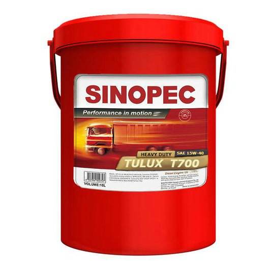 A red pail of SINOPEC Diesel Engine Oil Tulux T700 CK4 15W40